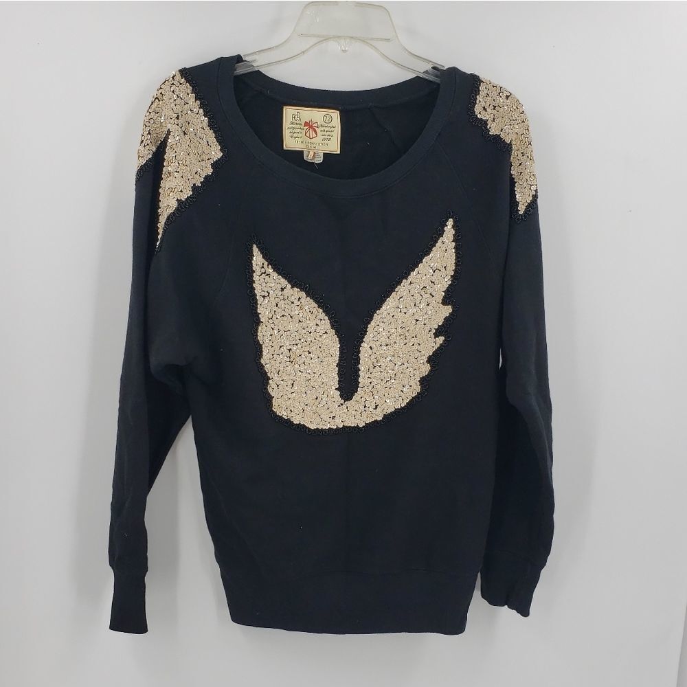FRENCH CONNECTION DENIM womens S black & creme angel wings sequins sweatshirt - Picture 2 of 6